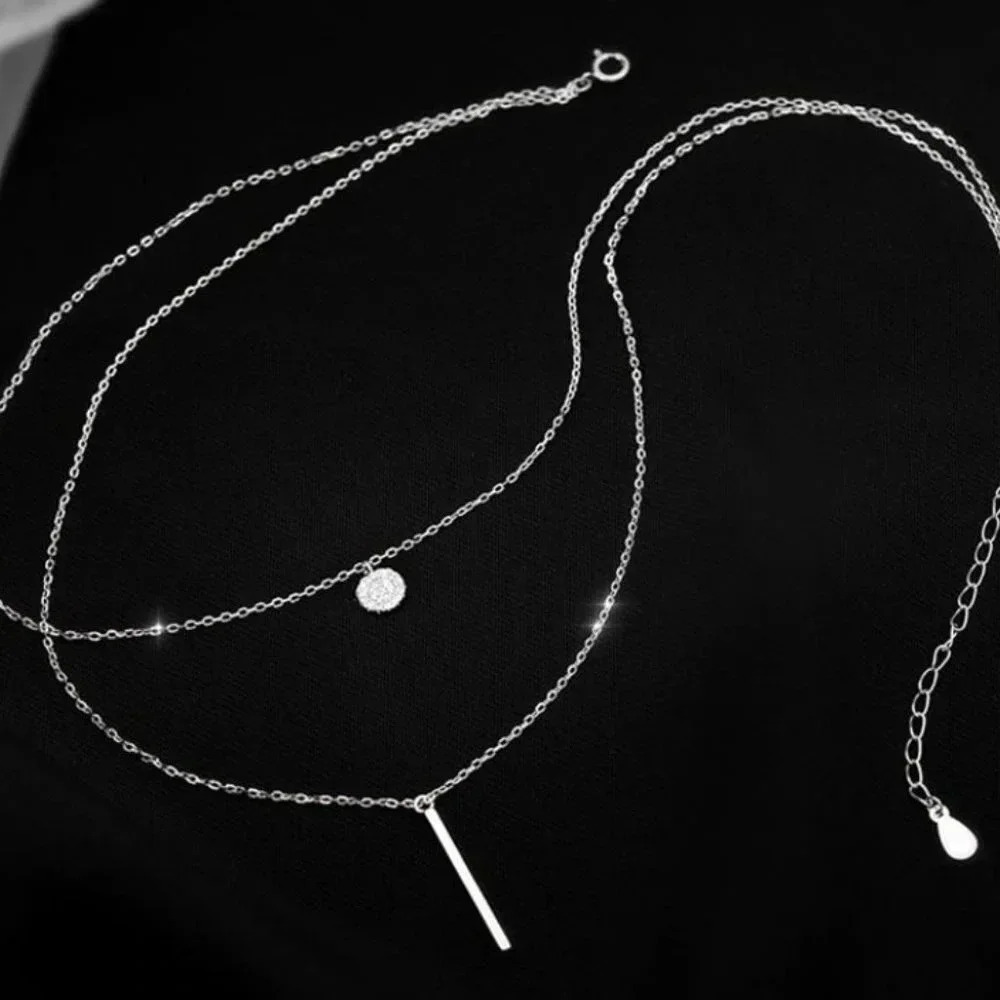 925 Sterling Silver Coin & Bar Layered Dainty Minimalist Chain Necklace - Picture 5 of 8